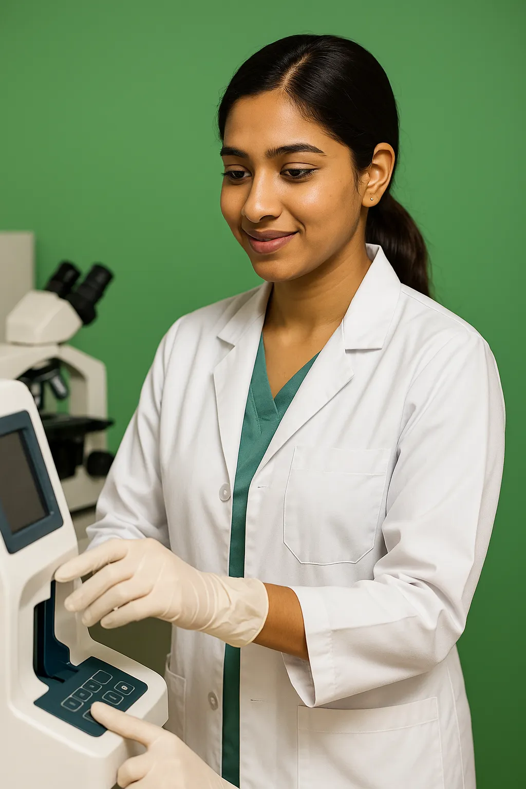 Medical Lab Technician operating a clinical analyzer in a diagnostic laboratory