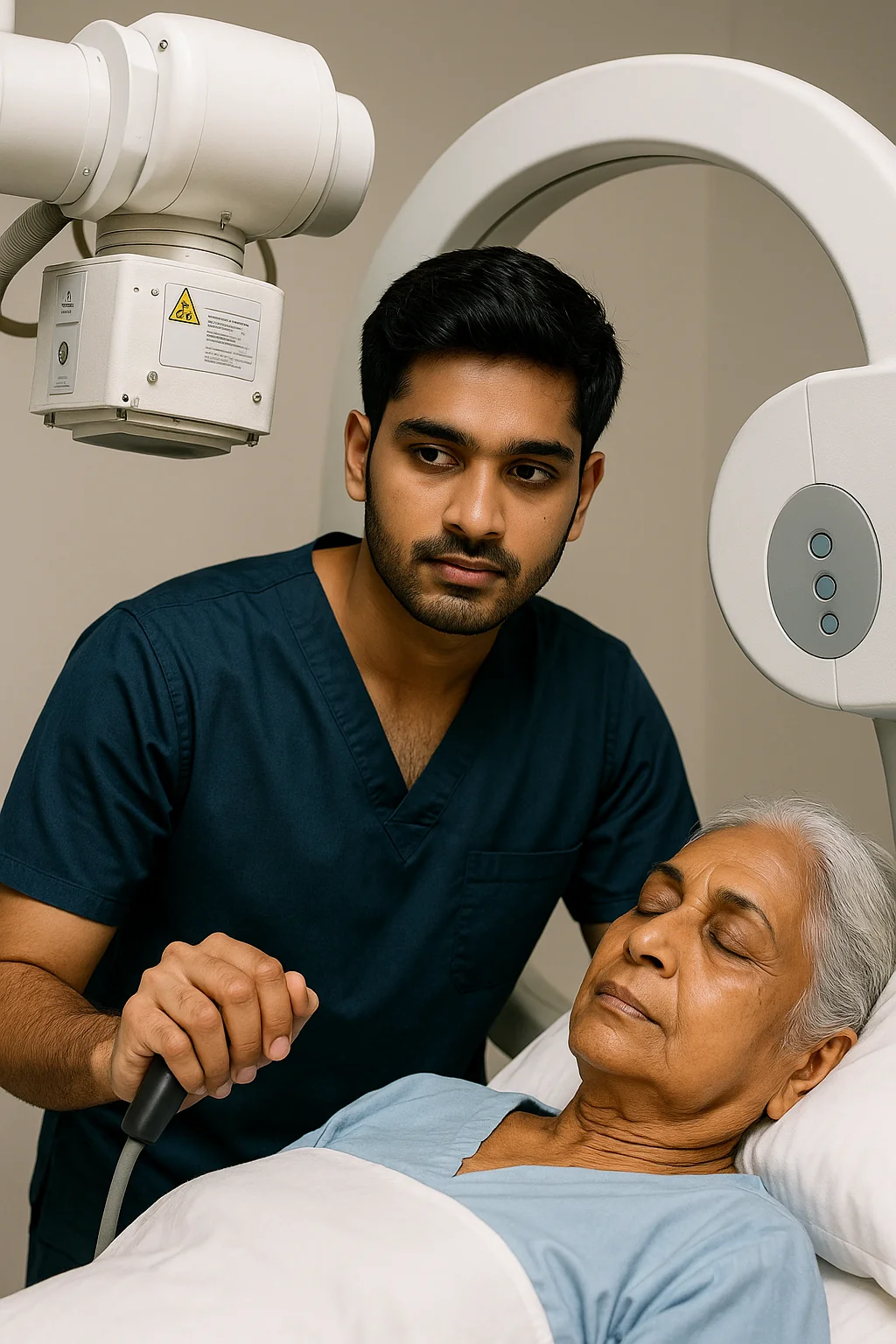 Sandeep, 22, working as a radiology technician in an X-ray room