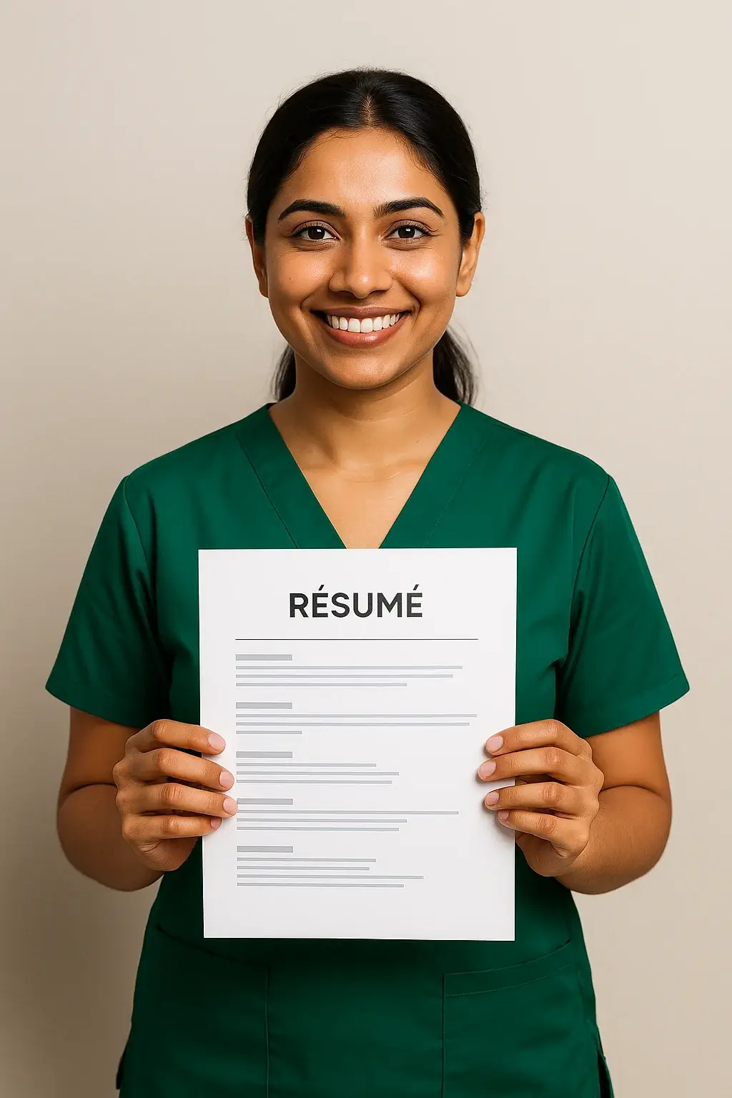 Medical Lab Technician in scrubs holding a résumé in a clinical lab setting