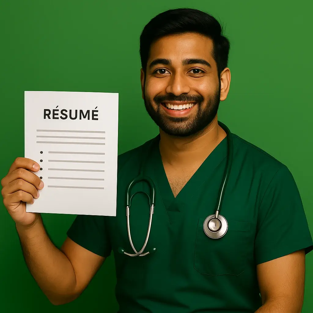Nursing assistant in green scrubs holding a résumé