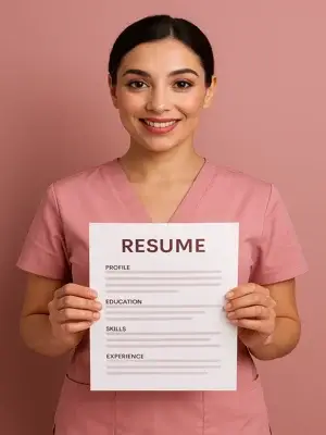 Beautician in pink scrubs holding a resume