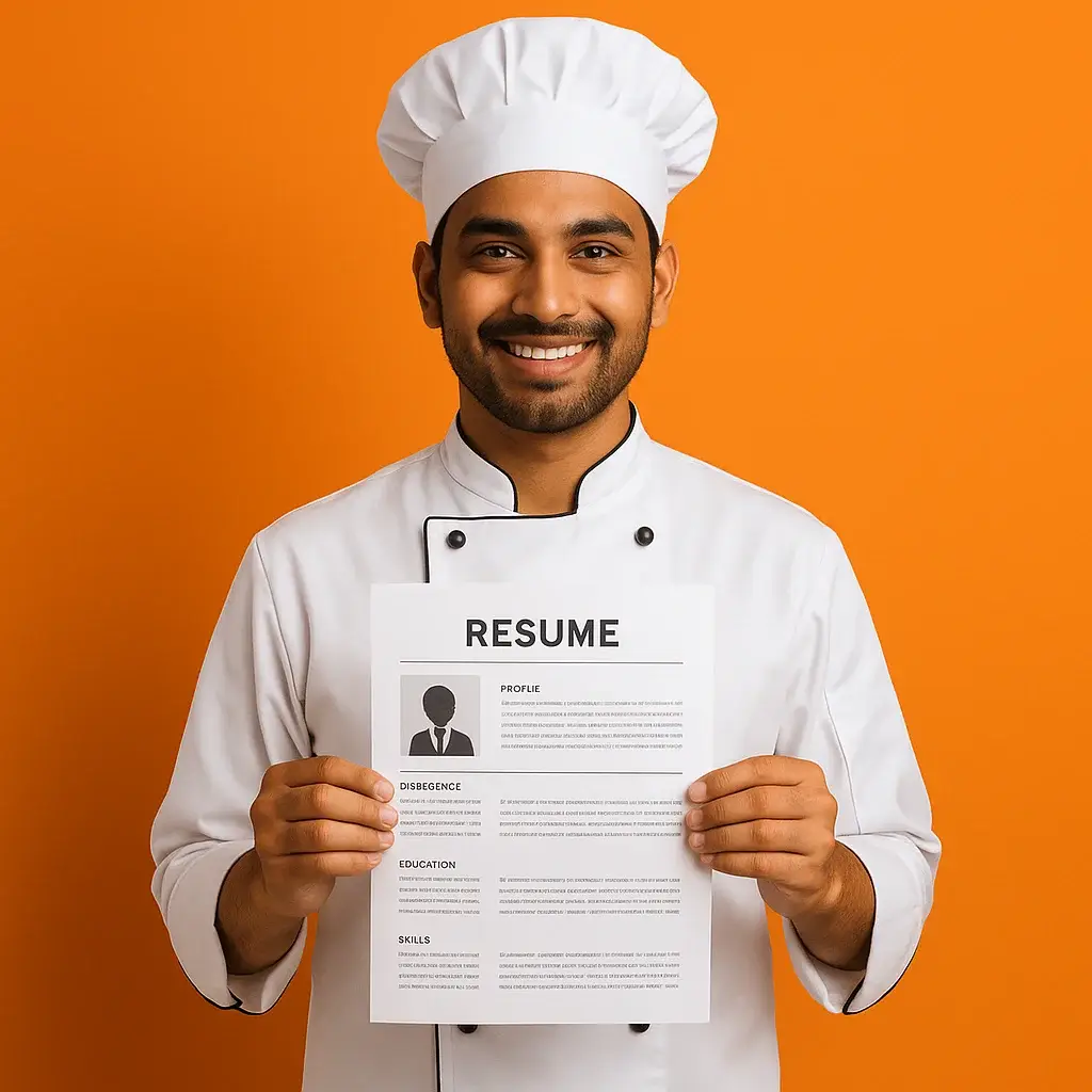 Culinary trainee in chef whites holding a résumé in a professional kitchen