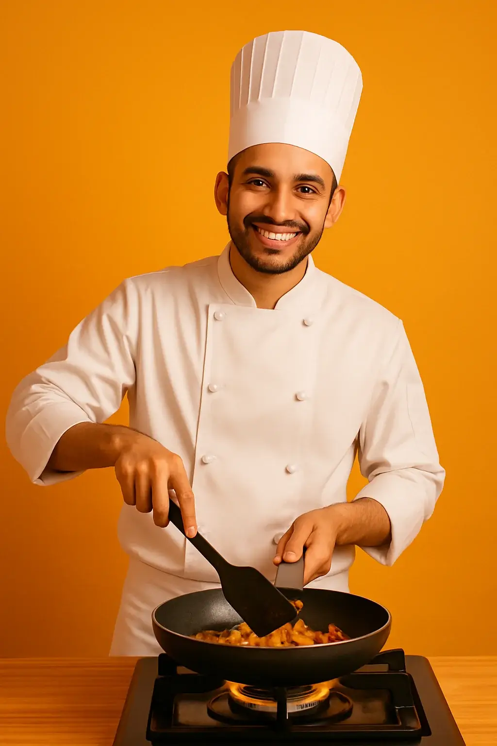 Chef saut&eacute;ing food in a pan, orange background