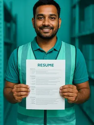 Warehouse executive in hi-vis vest holding a resume inside a racked warehouse